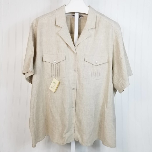 Edward Woman Irish Linen Button Down Short Sleeve Shirt Beige 3X - Picture 1 of 7